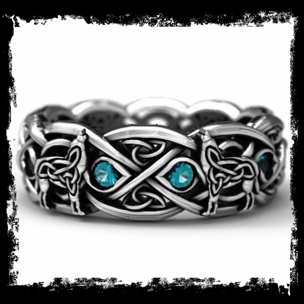 925 Sterling Silver Blue Topaz Celtic Wolf Ring - Picture 13 of 14